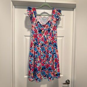 Square Neckline Mini Dress with Ruffle Cap Sleeves and Floral Pattern